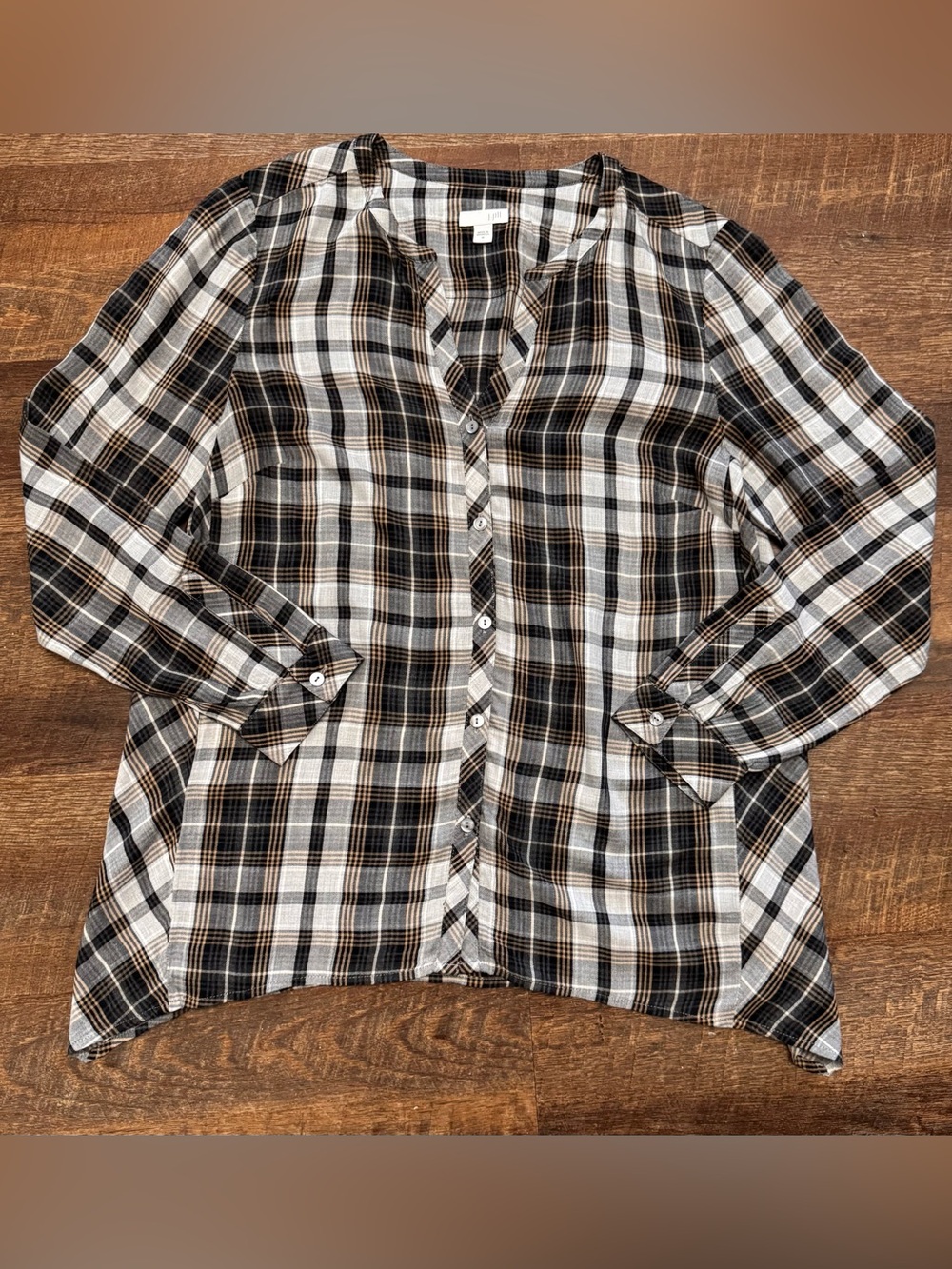 J. Jill Plaid Button Front Tunic Top Women Medium Gray Black Long Sleeve